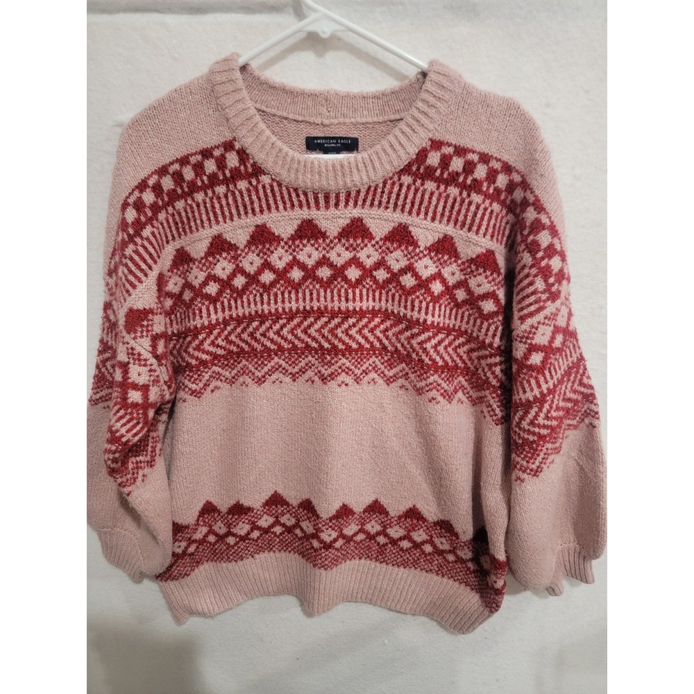 American Eagle Fair Isle Sweater Medium Pink‎ Red Boho Cottagecore Knit Pullover